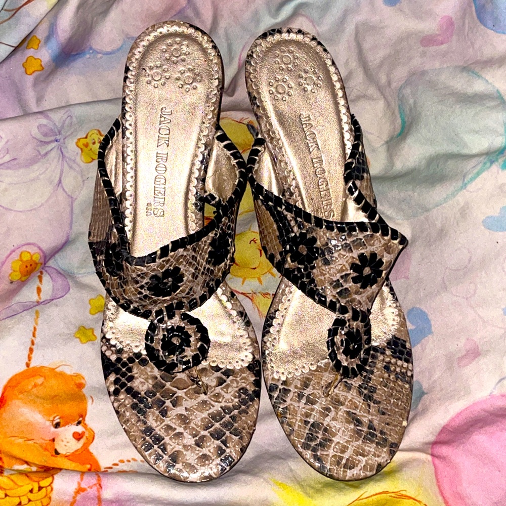Rare Jack Rogers Black Patent & Brown Snakeskin Heeled Sandals Size 10